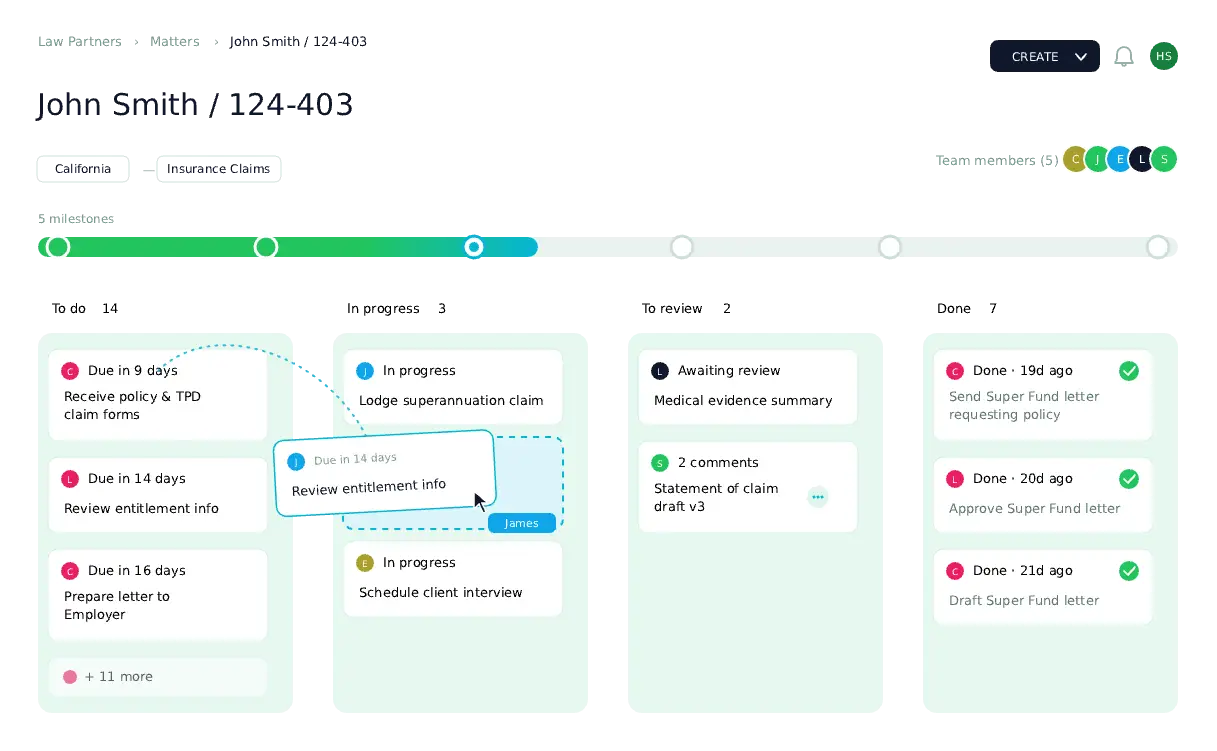 Hivelight matter board dashboard showing real-time task progress, deadlines, and team assignments for a law firm