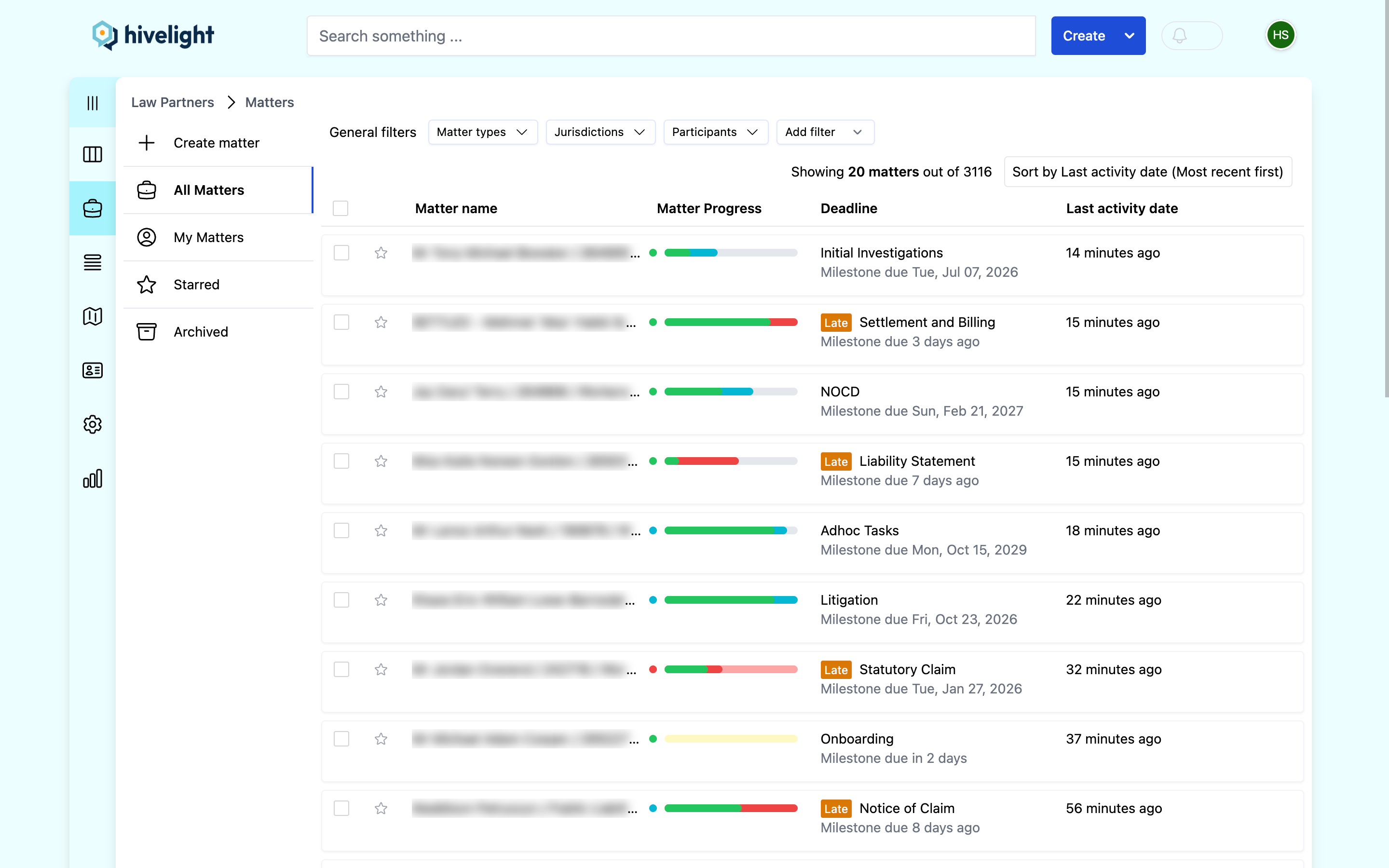 Hivelight matter list showing all active legal cases with status, team, and milestone progress