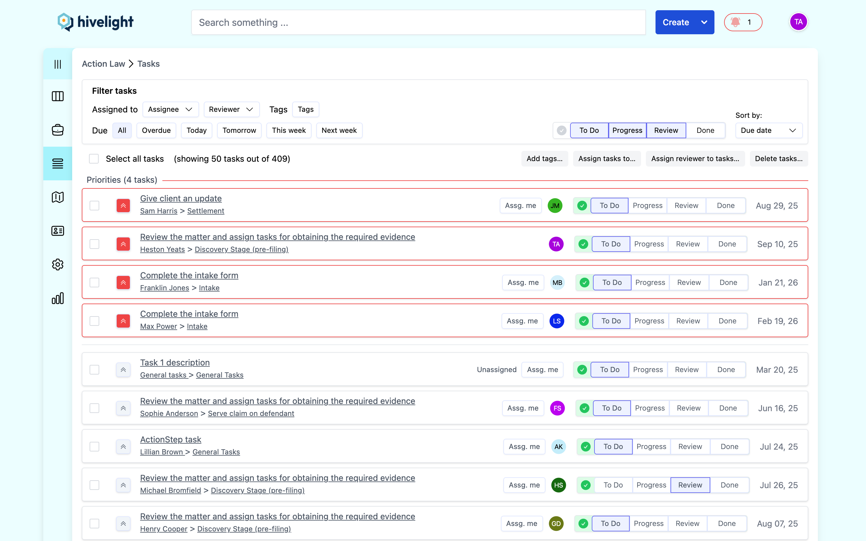 Hivelight task list showing legal matter tasks assigned to team members with deadlines